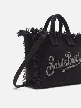 Borsa Vanity mini in canvas nera con logo in strass