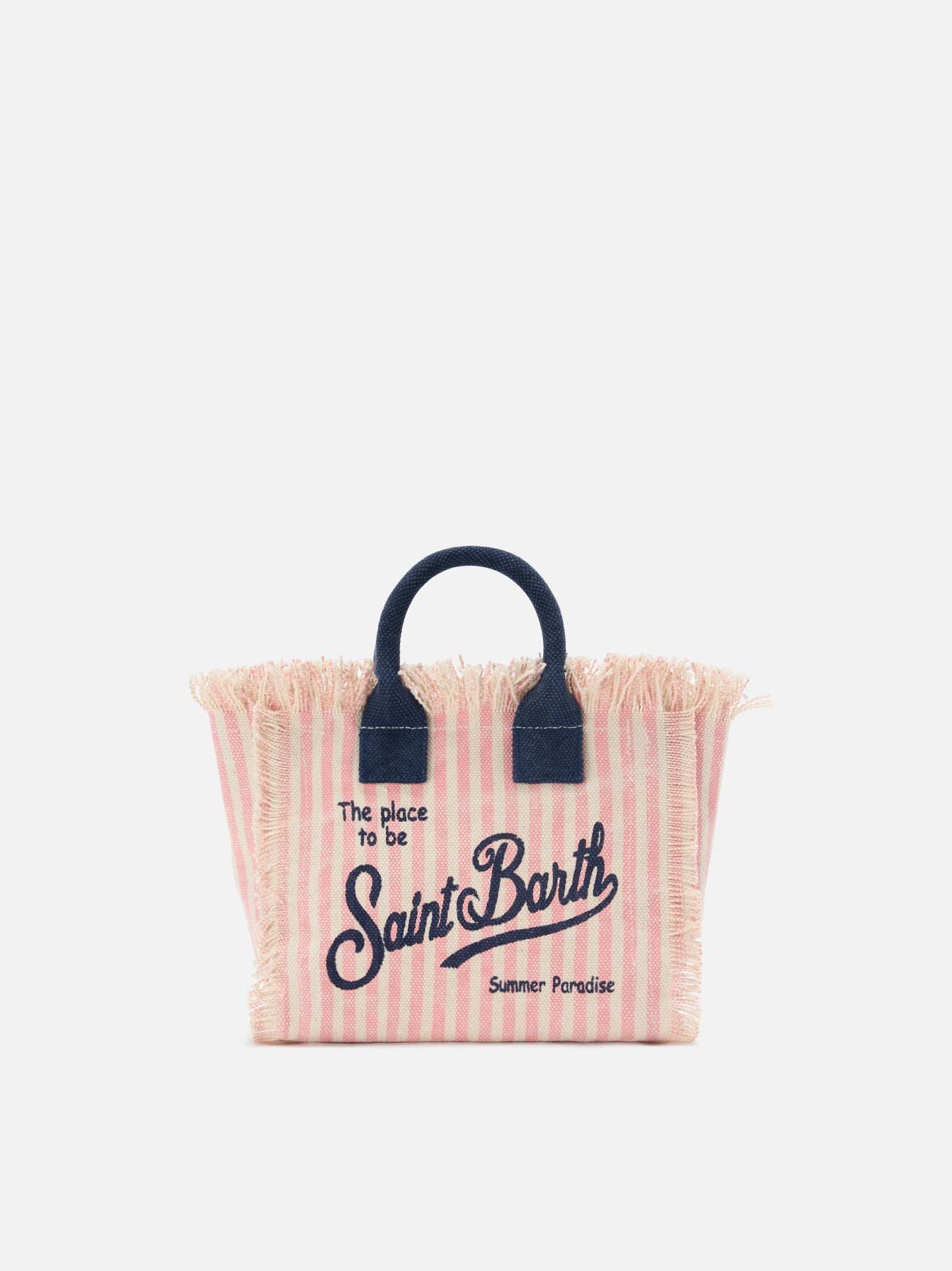 Borsa Vanity mini in canvas a righe rosa con dettagli blu