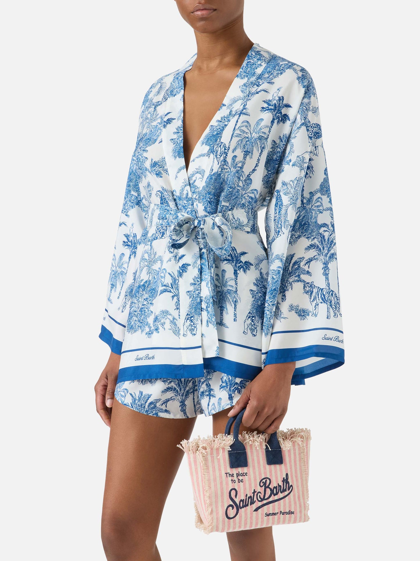 Borsa Vanity mini in canvas a righe rosa con dettagli blu
