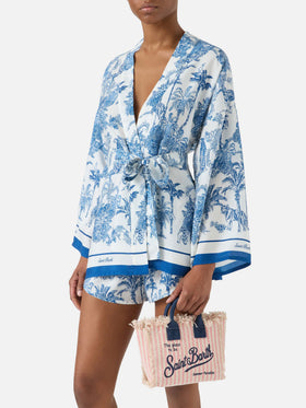 Borsa Vanity mini in canvas a righe rosa con dettagli blu
