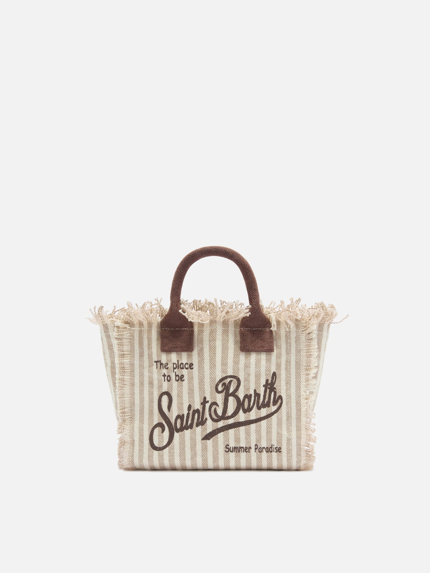 Borsa Vanity mini in canvas a righe marroni con dettagli a contrasto