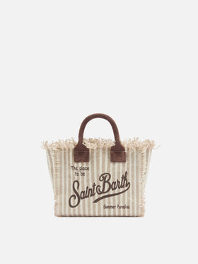 Borsa Vanity mini in canvas a righe marroni con dettagli a contrasto