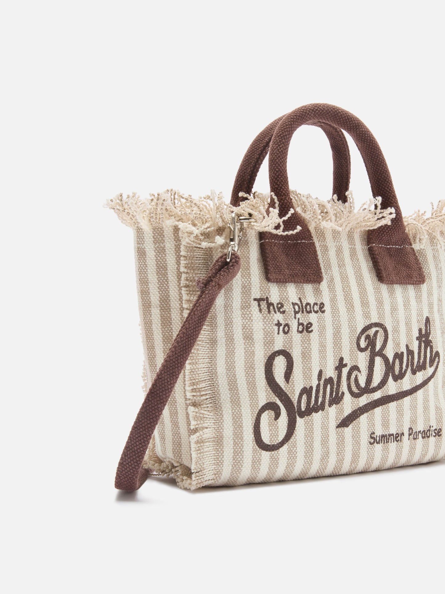 Borsa Vanity mini in canvas a righe marroni con dettagli a contrasto
