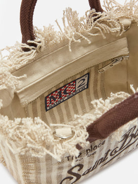 Borsa Vanity mini in canvas a righe marroni con dettagli a contrasto