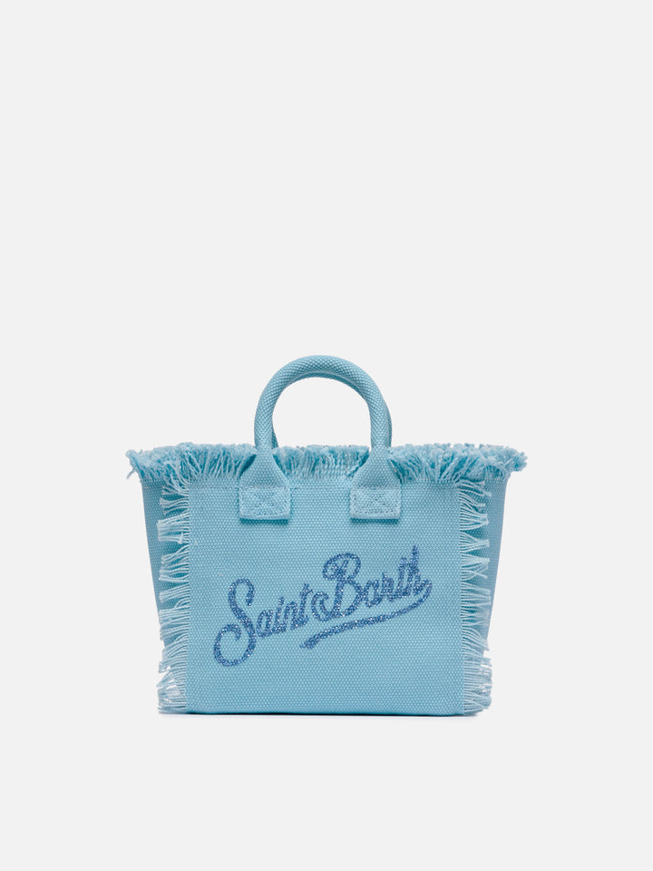 Light blue  cotton canvas Mini Vanity bag with rhinestone logo