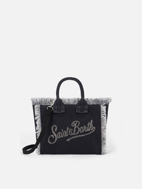 Cotton canvas Mini Vanity bag with silver rhinestones logo