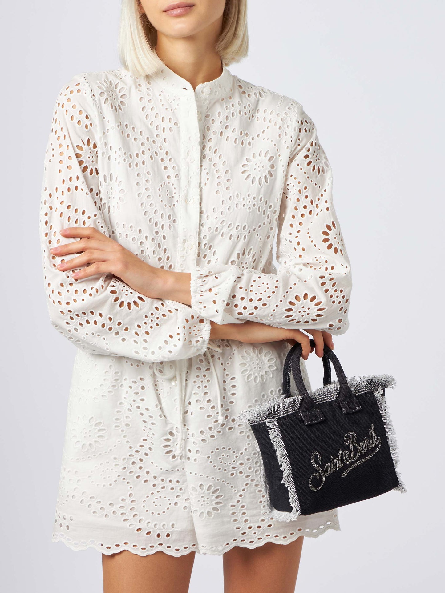 Cotton canvas Mini Vanity bag with silver rhinestones logo