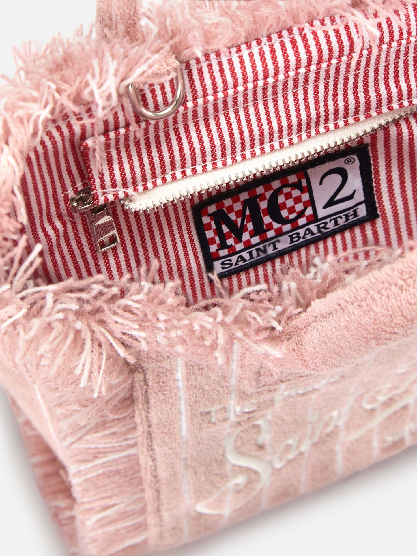 Borsa Vanity mini in tessuto effetto spugna a righe rosa