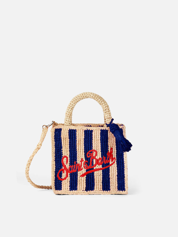 Blue striped Mini Vanity Raffia bag with embroidery