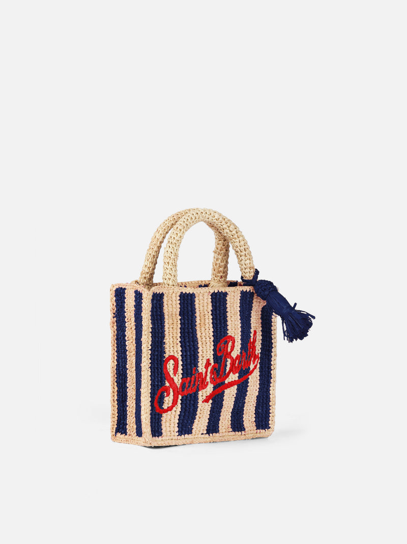 Blue striped Mini Vanity Raffia bag with embroidery