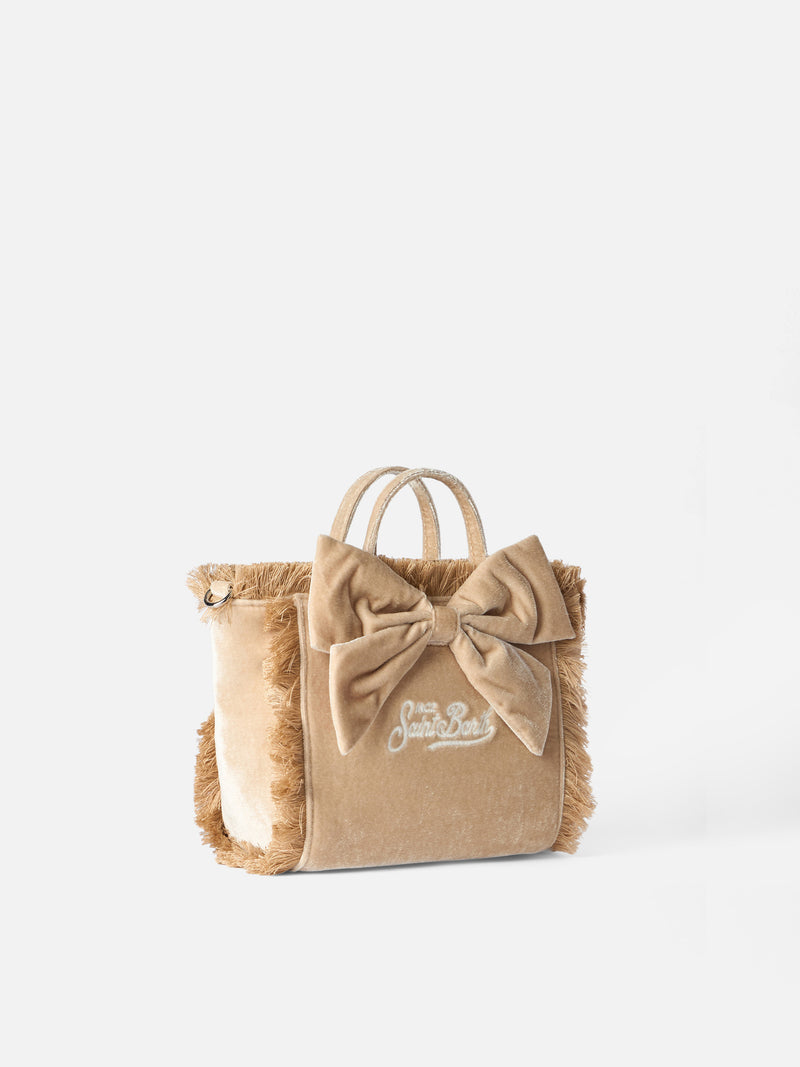 Mini Vanity camel velvet handbag with bow