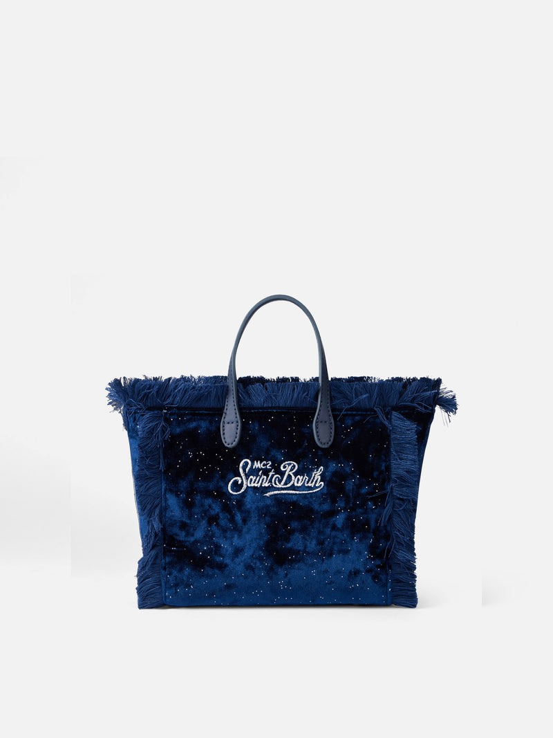 Mini Vanity navy blue velvet handbag with silver dots