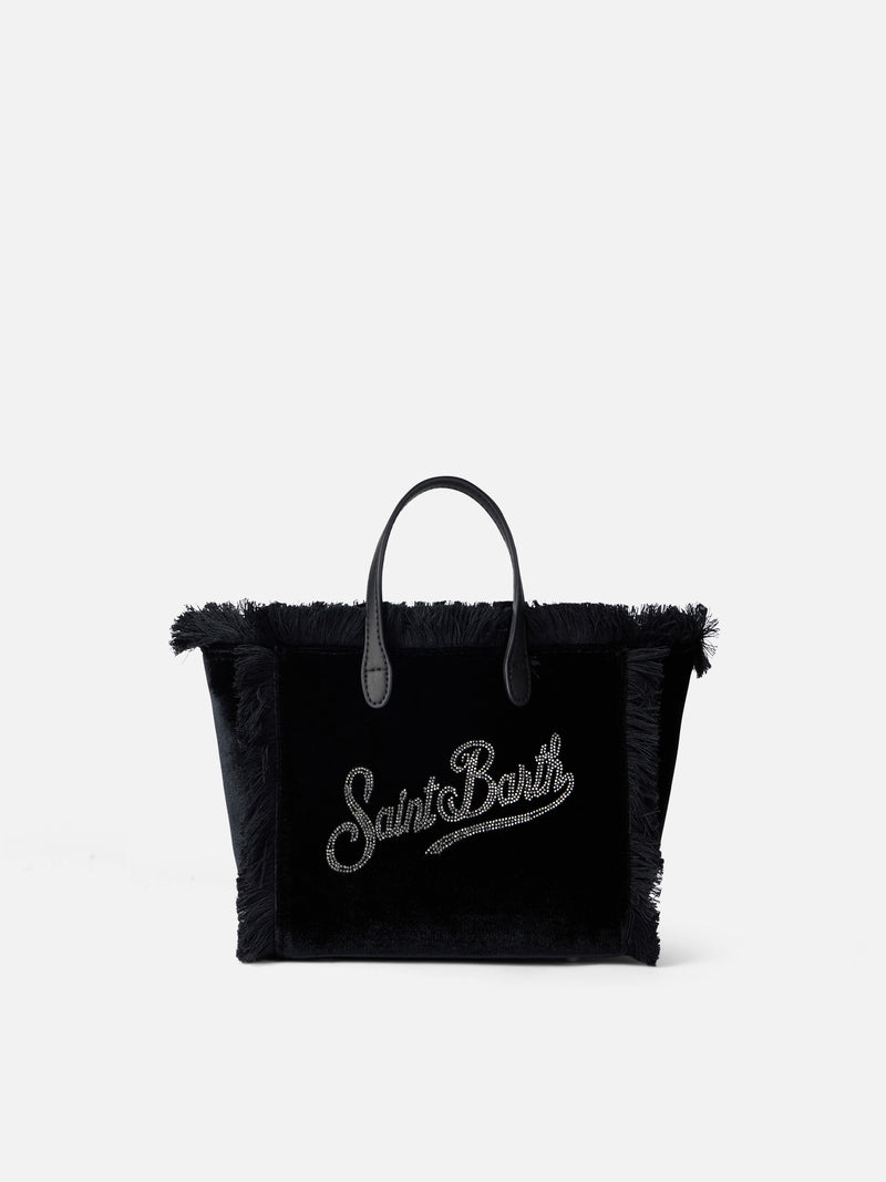 Mini Vanity Handtasche aus schwarzem Samt mit Saint Barth-Strass-Logo