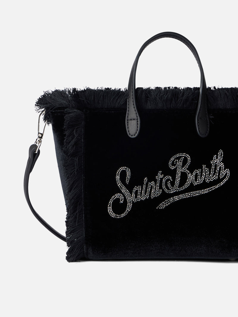 Borsa a mano Mini Vanity in velluto nero con logo Saint Barth in strass