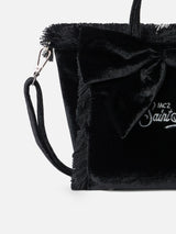 Mini Vanity borsa a mano in velluto nero con fiocco