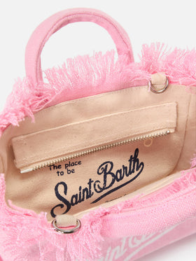 Borsa Vanity mini in lino rosa tinta unita con tracolla removibile