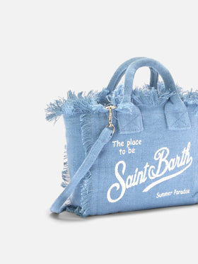 Blue solid color linen Vanity mini bag with removable strap