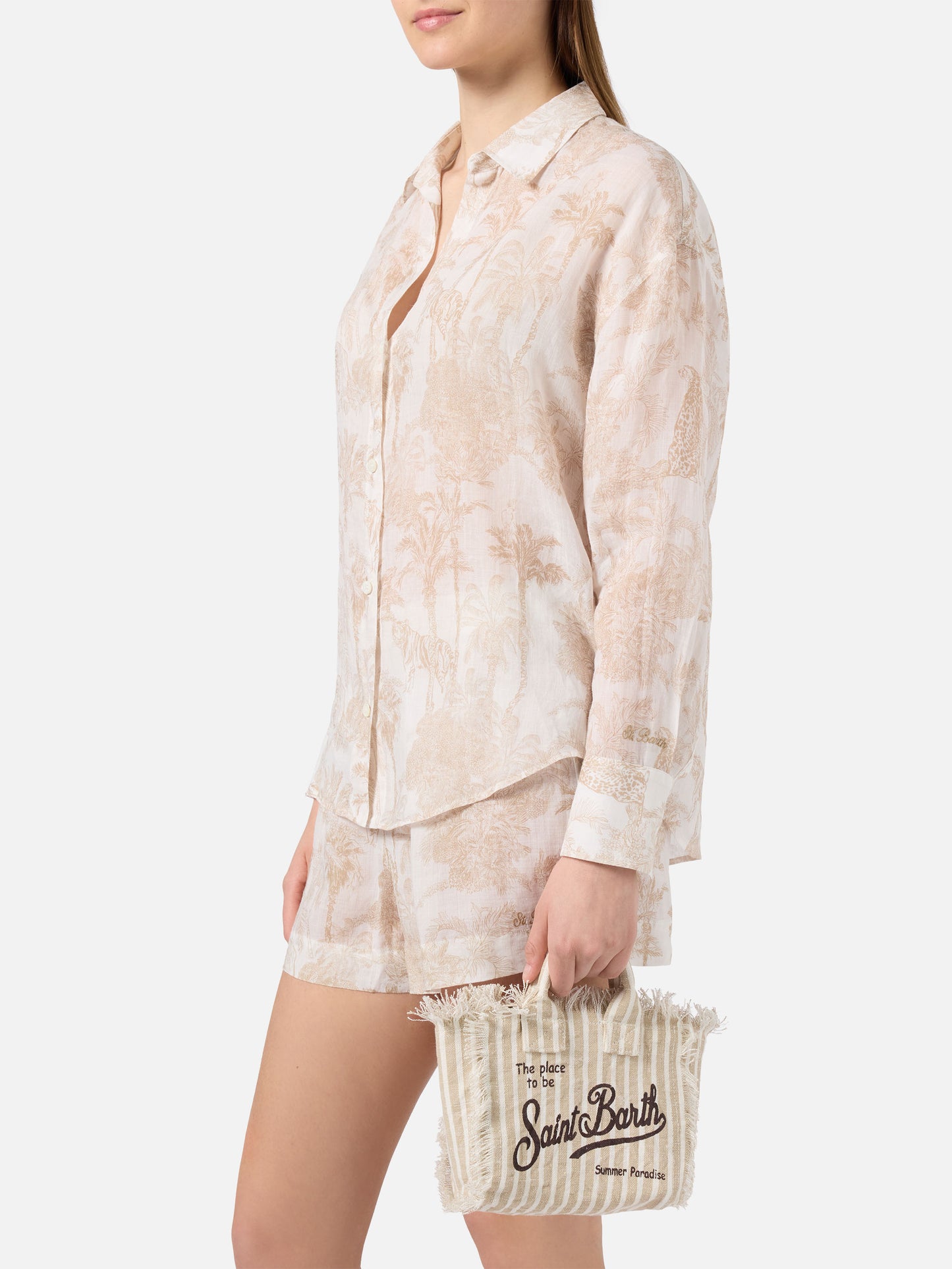 Linen Vanity bag with fine brown and white stripes