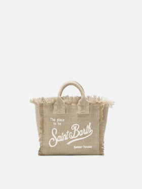 Borsa Vanity mini in lino beige tinta unita con tracolla removibile