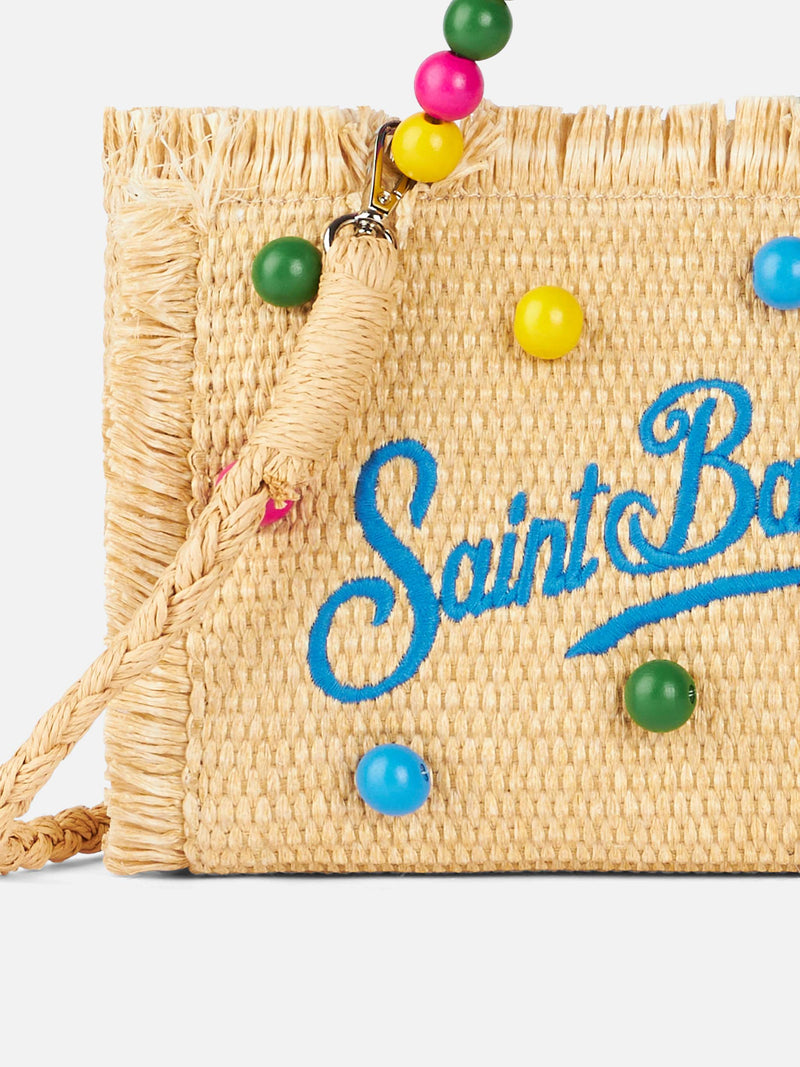 Beige Mini Vanity Straw bag with wood polka dots embellishment