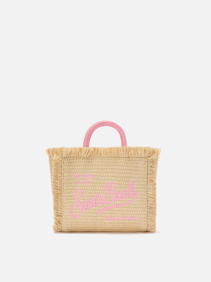 Vanity mini straw effect bag with embroidered logo