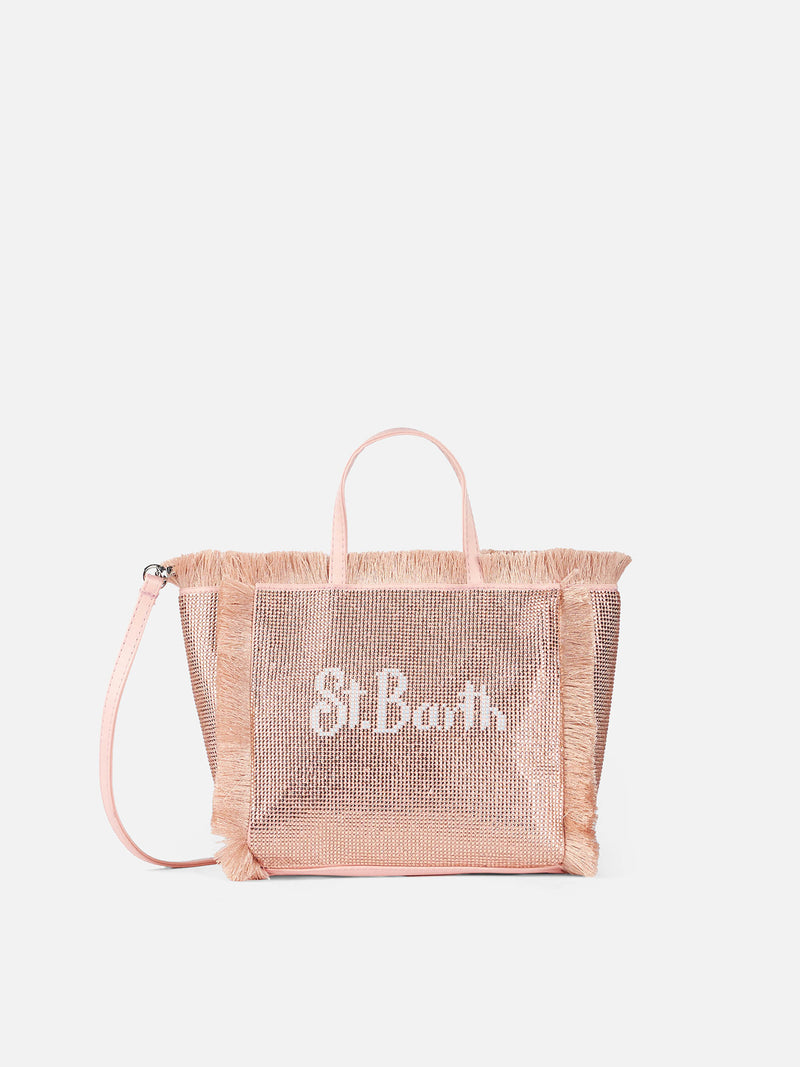 Mini-Vanity-Tasche mit Fransen und roségoldenen Strasssteinen