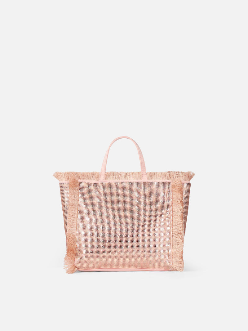 Mini-Vanity-Tasche mit Fransen und roségoldenen Strasssteinen