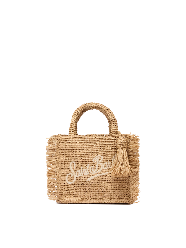 Mini Vanity Tasche aus Raffiabast mit Fransen und Saint Barth-Stickerei