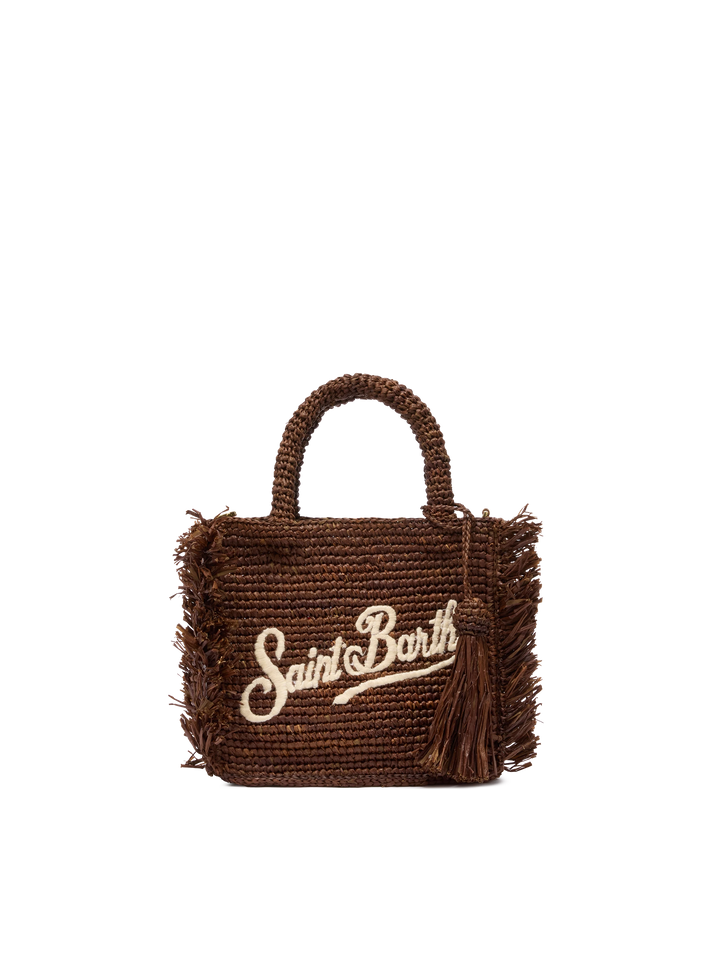 Mini Vanity Tasche aus Raffiabast mit Fransen und Saint Barth-Stickerei