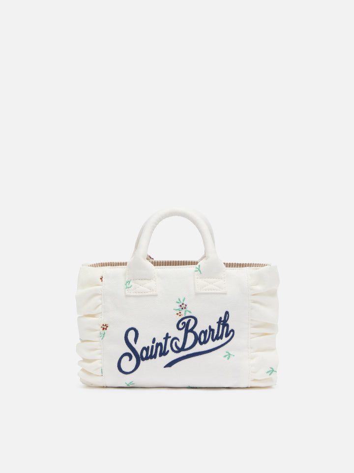 Mini Vanity Volant bag in denim with flower embroidery