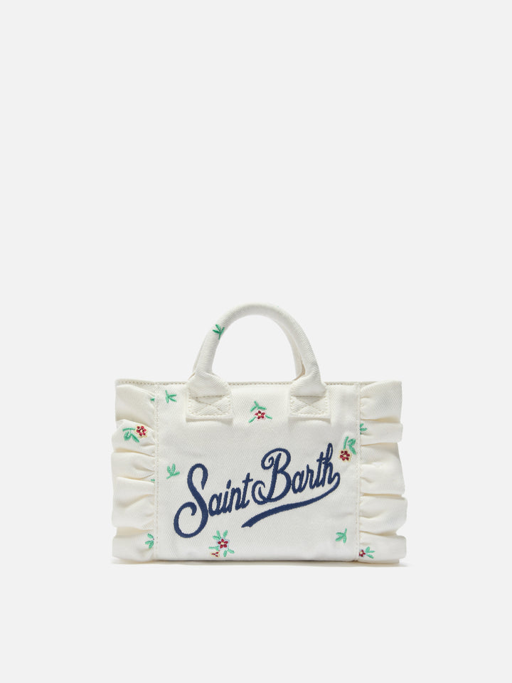 White denim Vanity mini volant bag with embroidered flowers