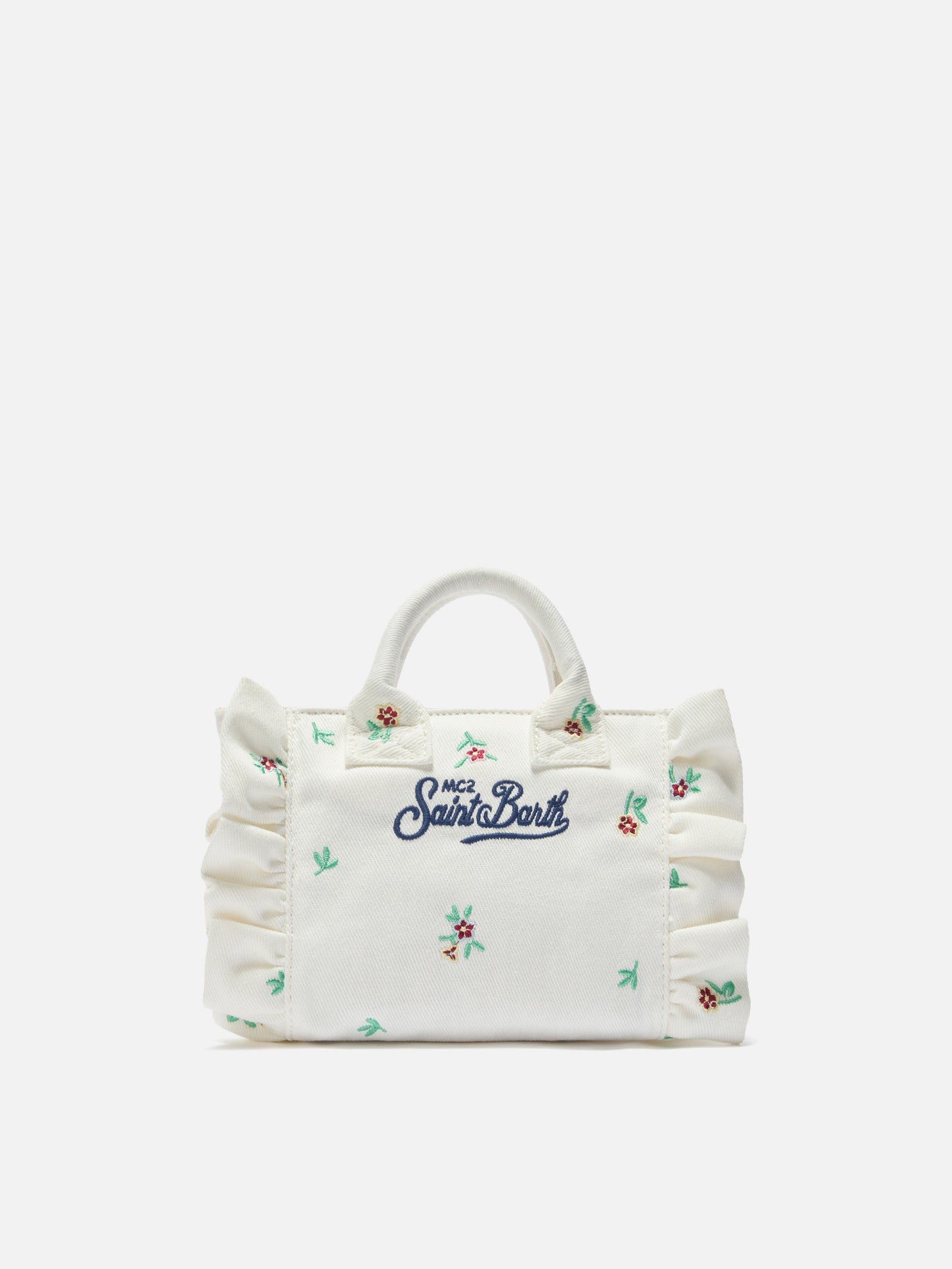 White denim Vanity mini volant bag with embroidered flowers