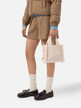 Vanity Mini Shearling Soft Handbag in beige shearling