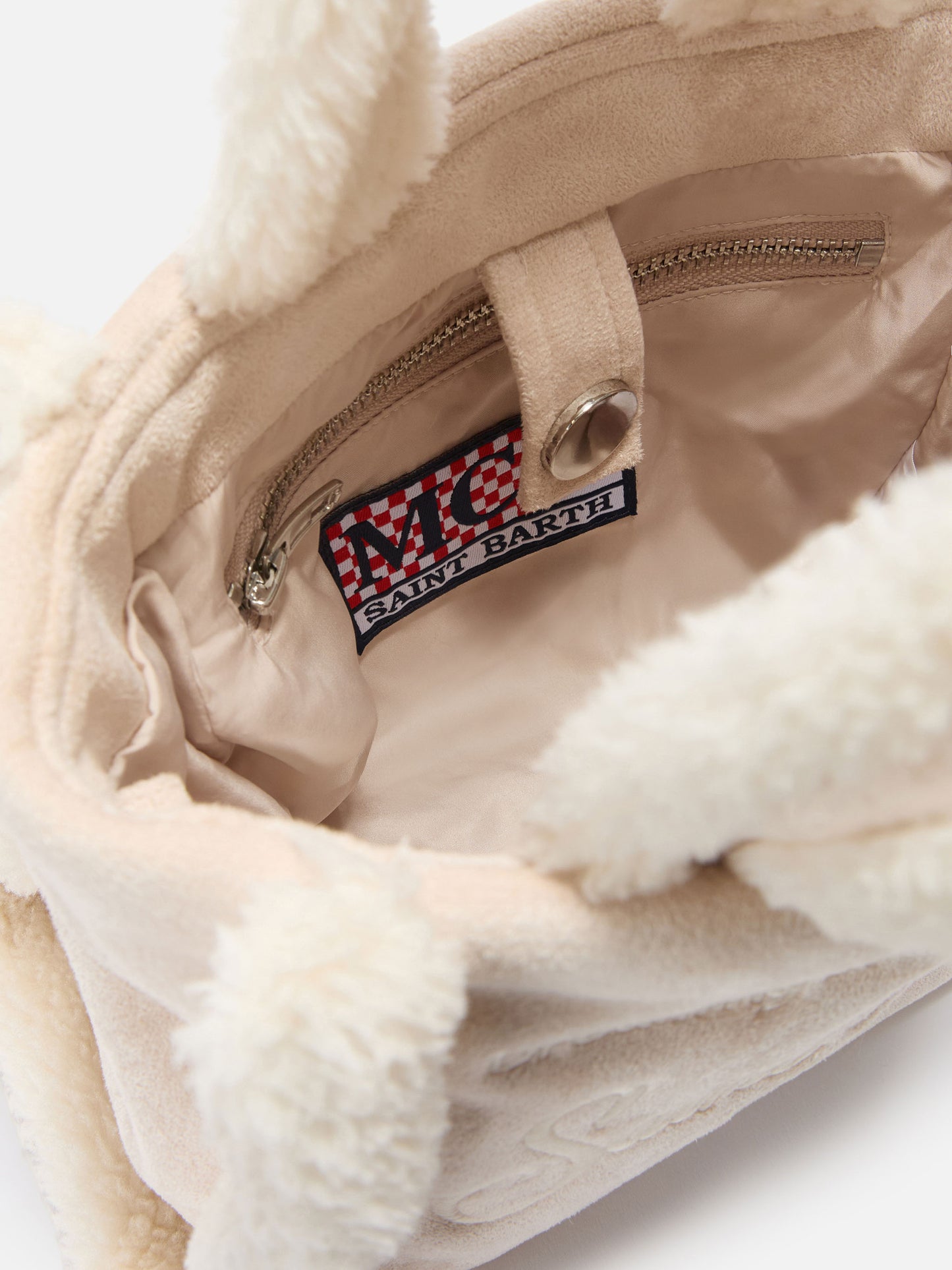 Vanity Mini Shearling Soft Handbag in beige shearling