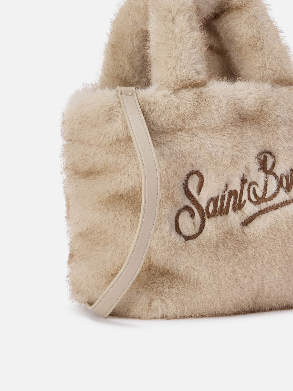 Borsa Mini Vanity Soft beige in effetto pelliccia con ricamo logo