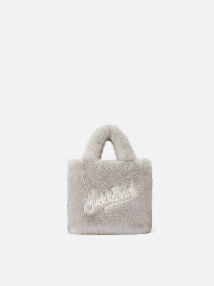 Mini Vanity Soft bag grise en fausse fourrure avec broderie logo 