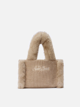 Vanity Mini Shearling Rib Handtasche aus beigefarbenem, geripptem Wollmischgewebe mit Shearling-Besatz