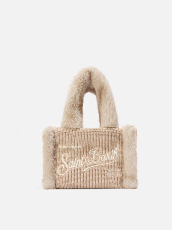 Mini sac Vanity beige en fausse peau lainée côtelée avec poignées en fausse fourrure 