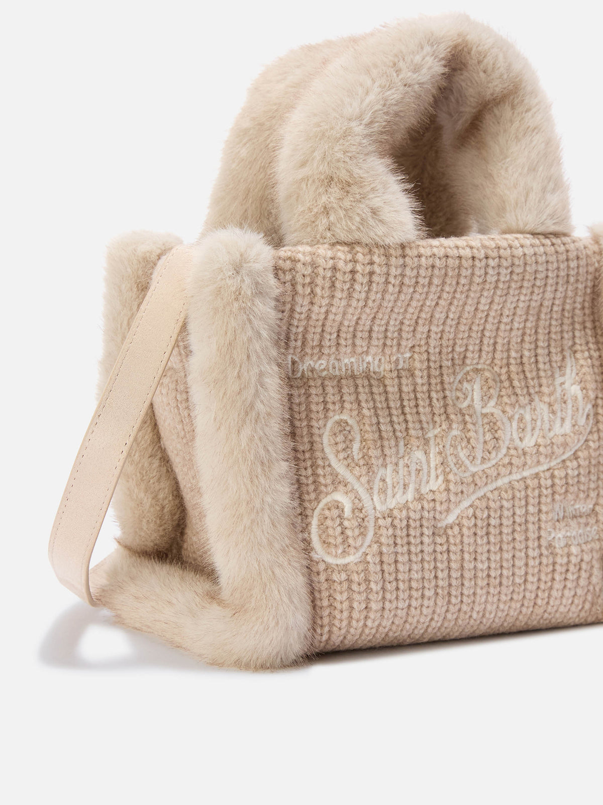 Beige Mini-Vanity-Bag aus geripptem Faux-Shearling mit Griffen aus Faux Fur 