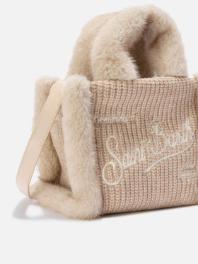 Beige Mini-Vanity-Bag aus geripptem Faux-Shearling mit Griffen aus Faux Fur 