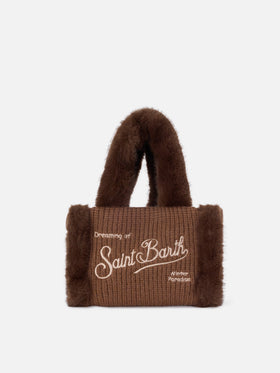 Borsa Mini Vanity marrone effetto montone a costine con manici effetto pelliccia
