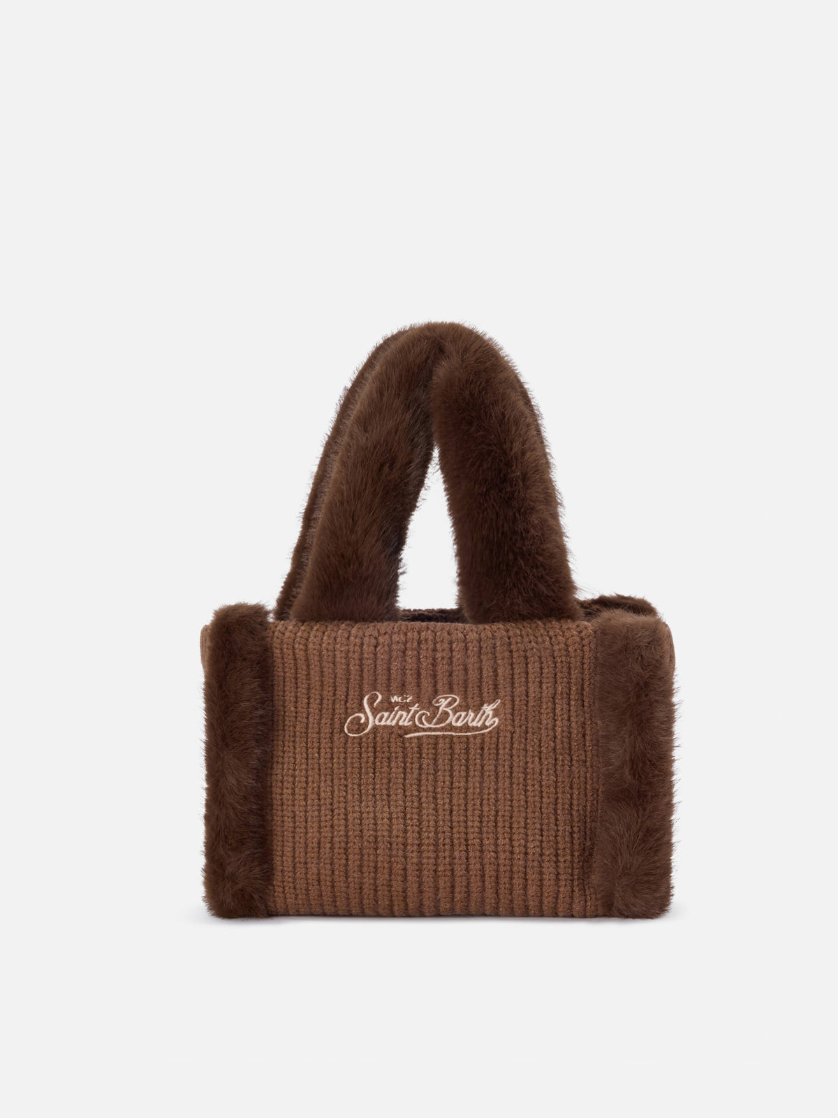 Borsa Mini Vanity marrone effetto montone a costine con manici effetto pelliccia