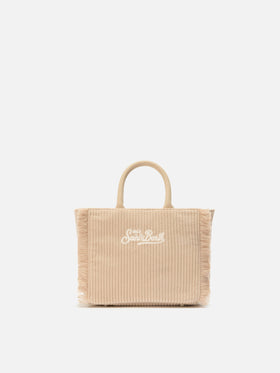 Vanity Mini Corduroy Handbag in beige corduroy velvet and faux suede