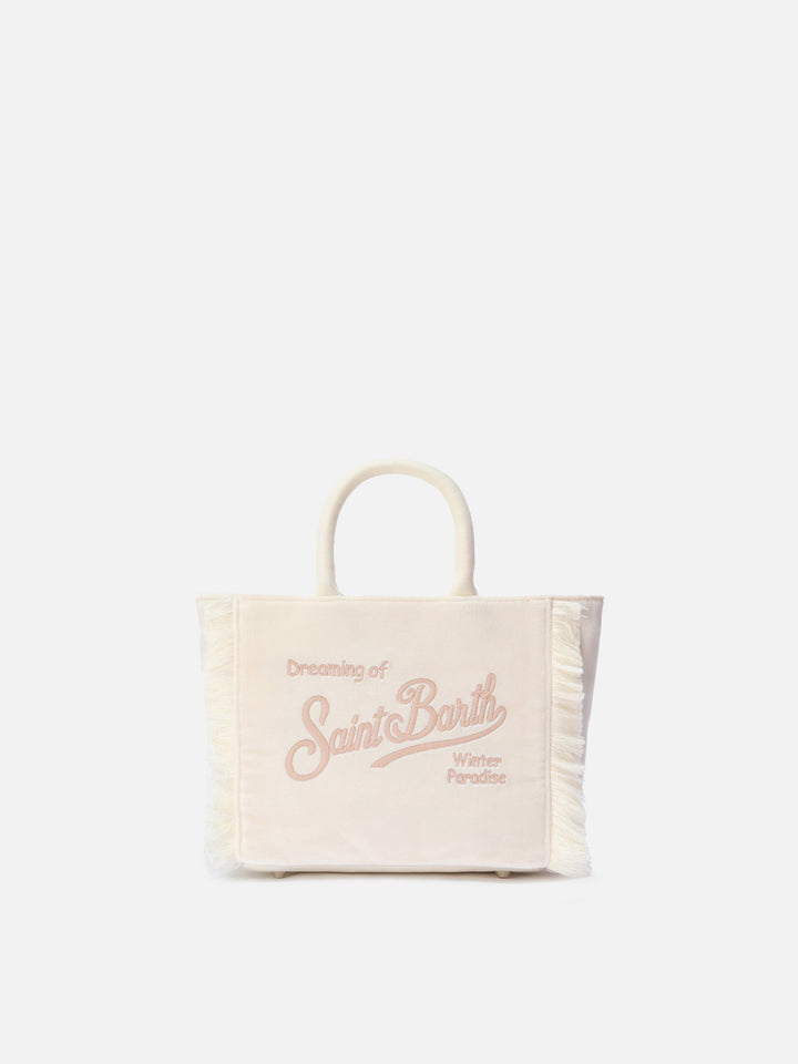 Vanity Mini-Samthandtasche aus weißem Samt und Wildlederimitat