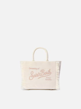 Vanity Mini-Samthandtasche aus weißem Samt und Wildlederimitat