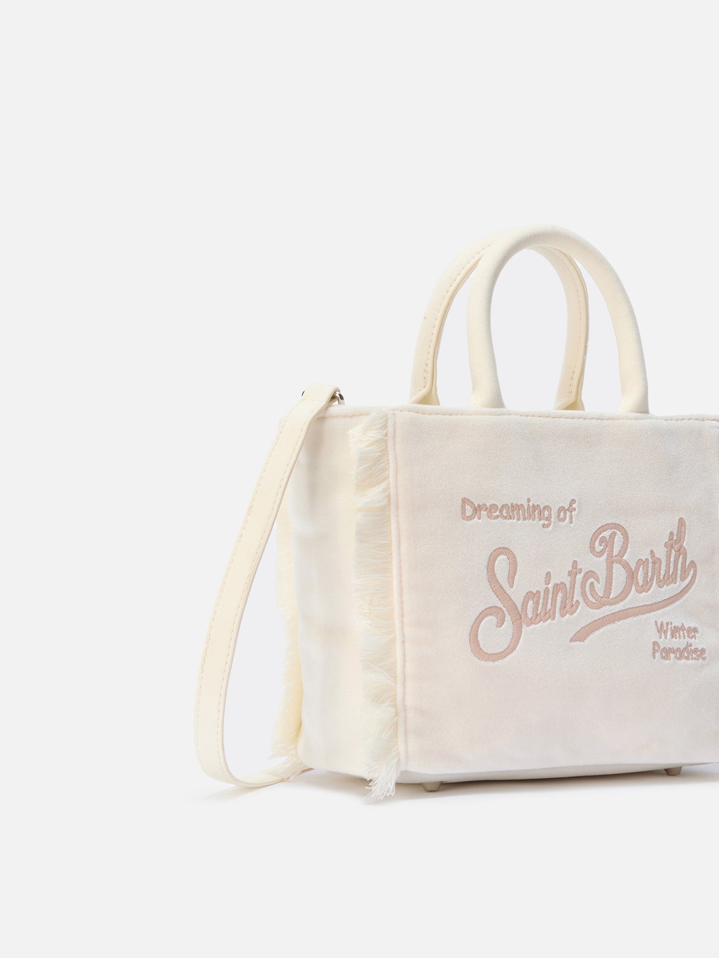 Vanity Mini-Samthandtasche aus weißem Samt und Wildlederimitat