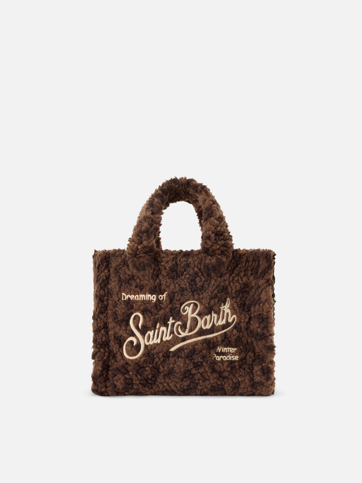 Braune Mini-Vanity-Bag aus Teddy-Stoff mit Leopardenprint 