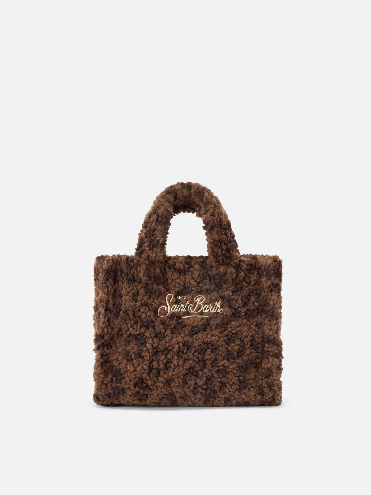 Bolso Mini Vanity marrón en tejido teddy con estampado de leopardo 