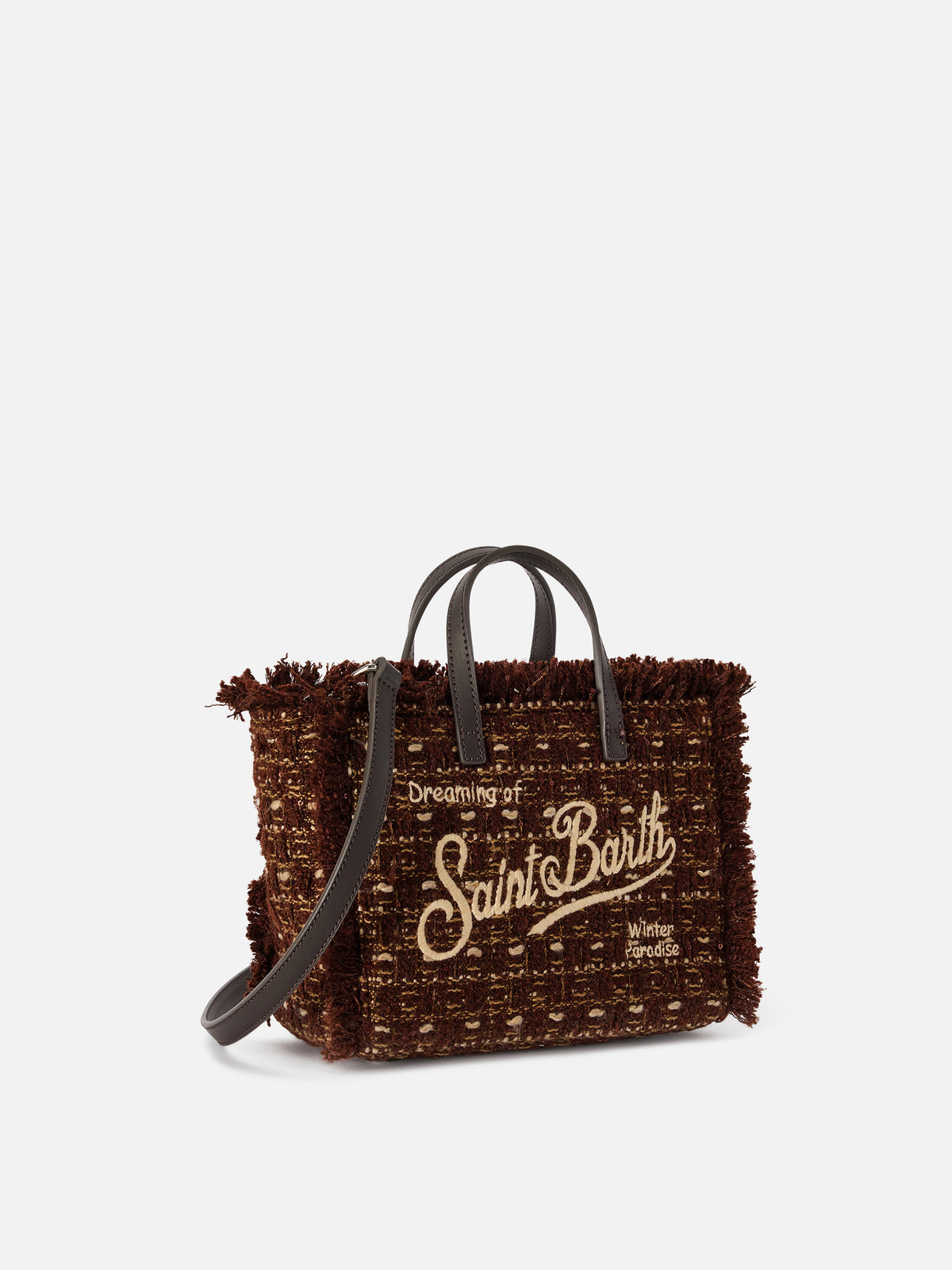 Mini bolso Vanity marrón en tweed con bordado del logo 