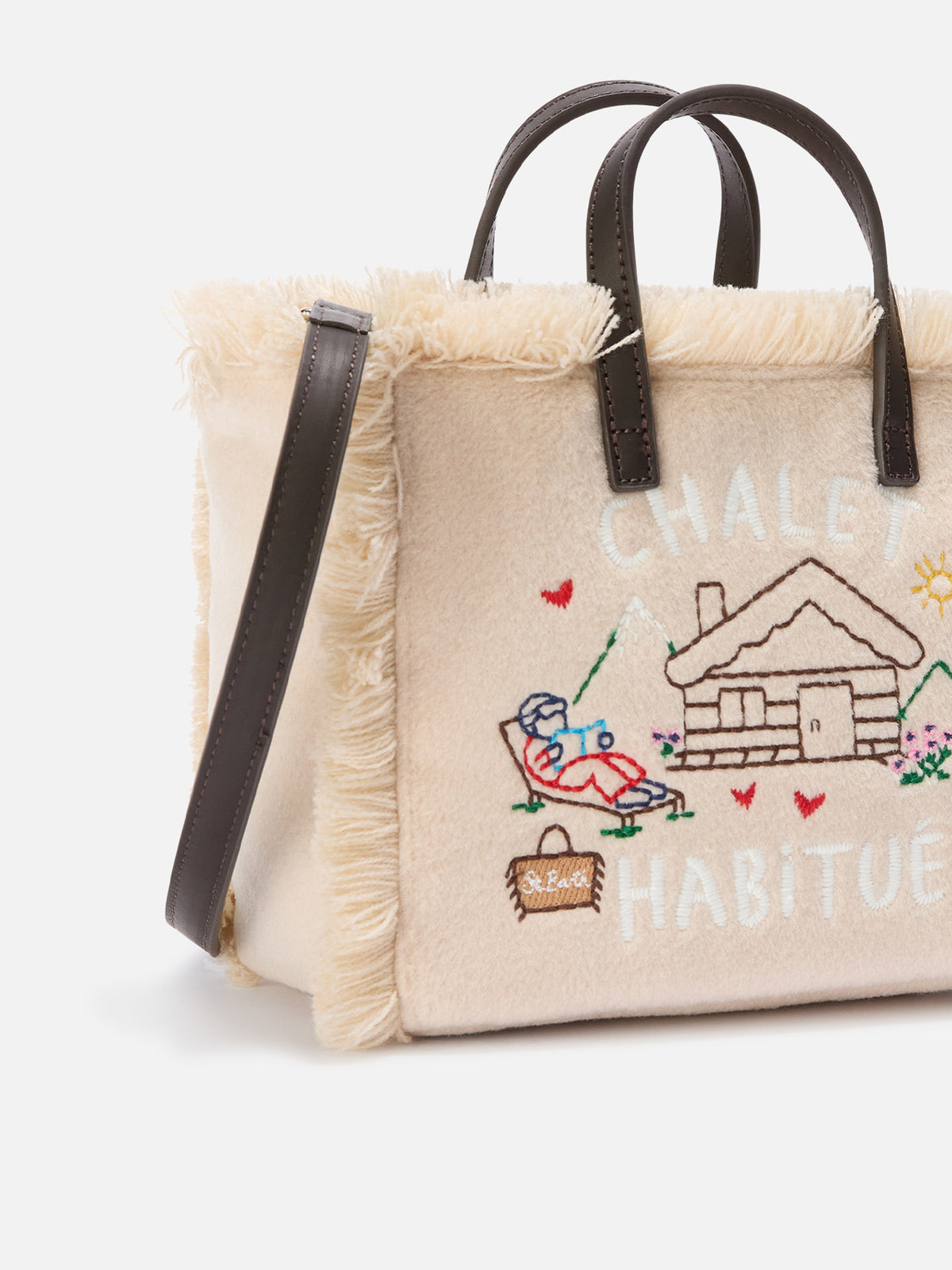 Beige Mini Vanity Filztasche mit gesticktem chalet 